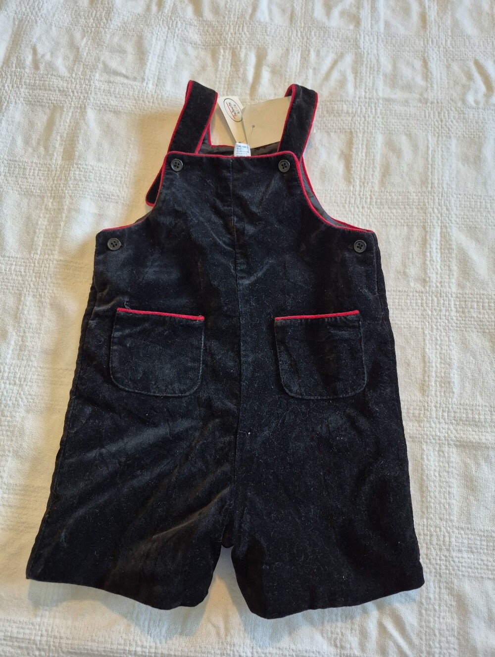 Vintage Talbots boys 24 months black velour/velvet shorts overalls red trim NEW